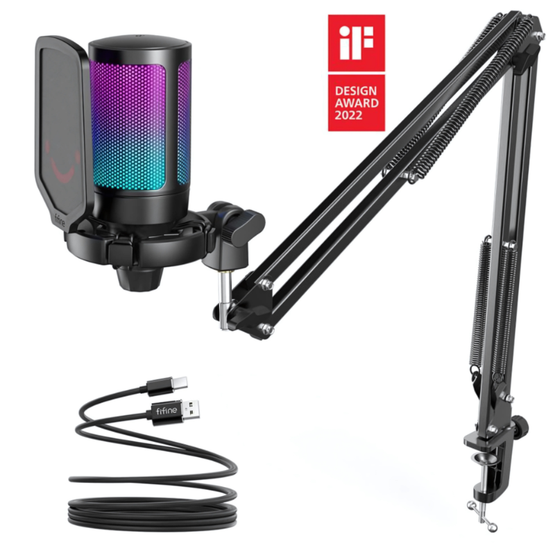 Microfone Fifine A6V RGB Preto com braço articulado
