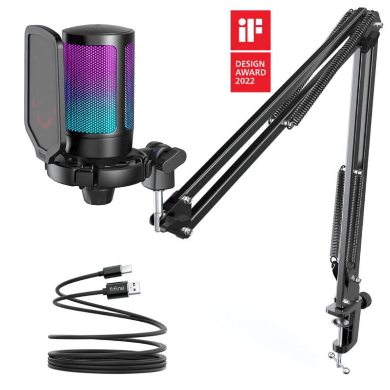 Microfone Fifine A6V RGB Preto com braço articulado