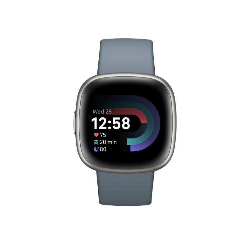 Vue avant de la montre intelligente Fitbit Versa 4 Platine