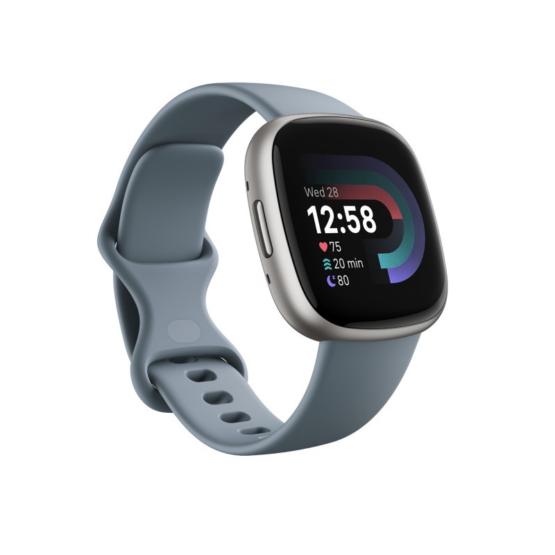 Vue avant et latérale gauche de la montre intelligente Fitbit Versa 4 Platine