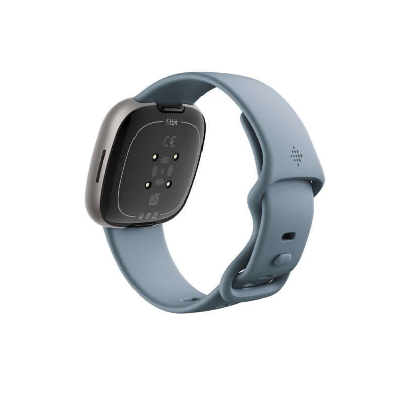 Vue arrière et latérale droite de la montre intelligente Fitbit Versa 4 Platine