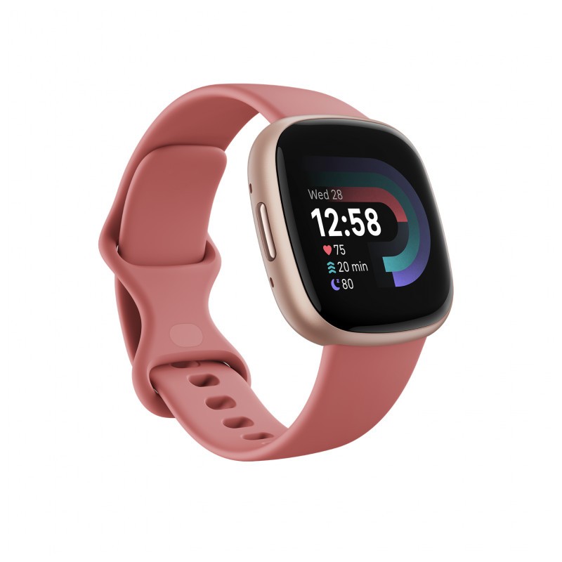 vista frontal y lateral izquierdo del Reloj inteligente Fitbit Versa 4 Rosa