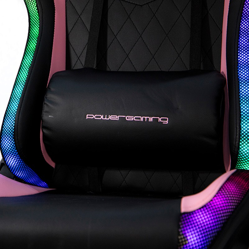 Silla PowerGaming LED RGB V2 Rosa con Reposapiés Foto real detalle del cojín lumbar y Luces RGB