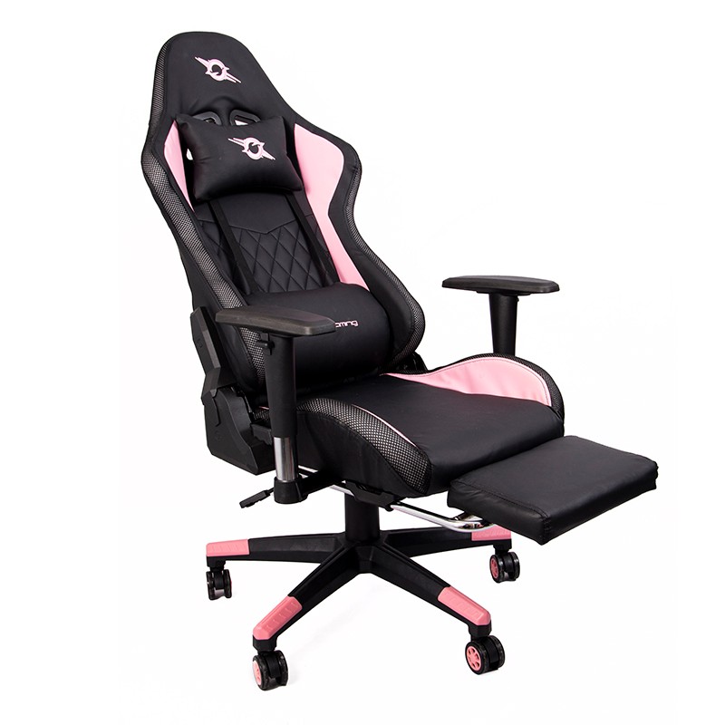Silla PowerGaming LED RGB V2 Rosa con Reposapiés vista lateral con respaldo desplegado