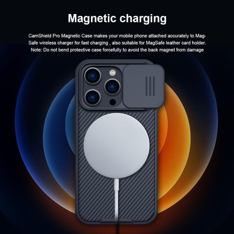 Funda CamShield Pro Magnética Negra para Apple iPhone 14 Pro Max imagen con el cargador inalámbrico