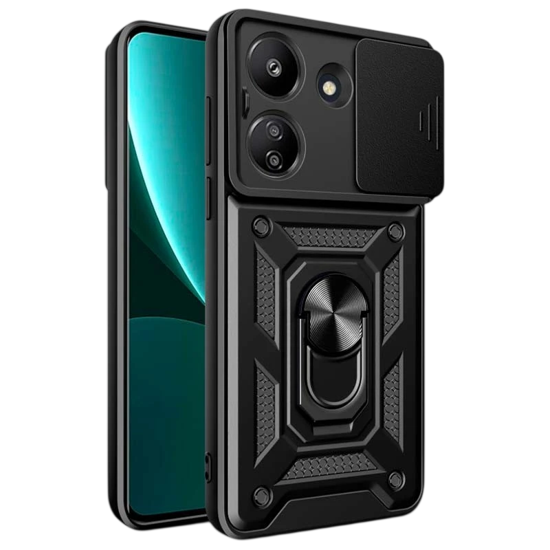 Funda Armadura Militar negra para Xiaomi Redmi 13C con protección de cámara, soporte magnético y anillo
