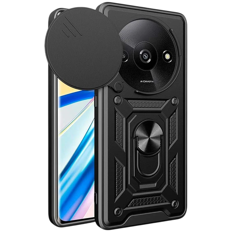Capa de Armadura Militar para Xiaomi Redmi A3 / Poco C61 com Proteção de Câmara, Suporte Metálico e Anel Preto
