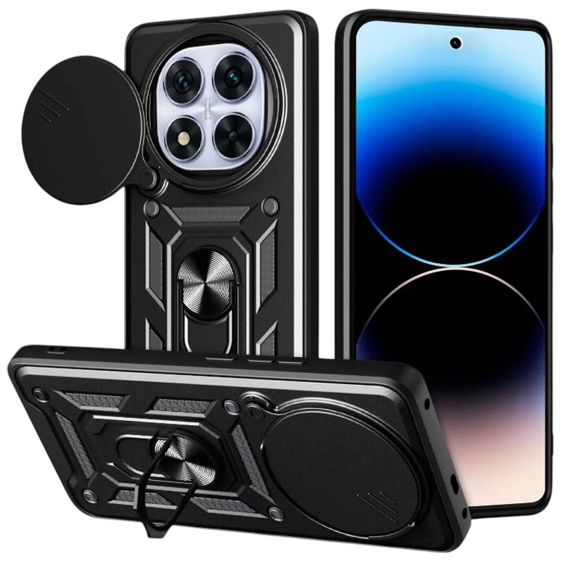 Funda Armadura Militar para Xiaomi Redmi Note 14 Pro 5G / Poco X7 5G con Protección de Cámara, Soporte Metálico y Anillo Negro