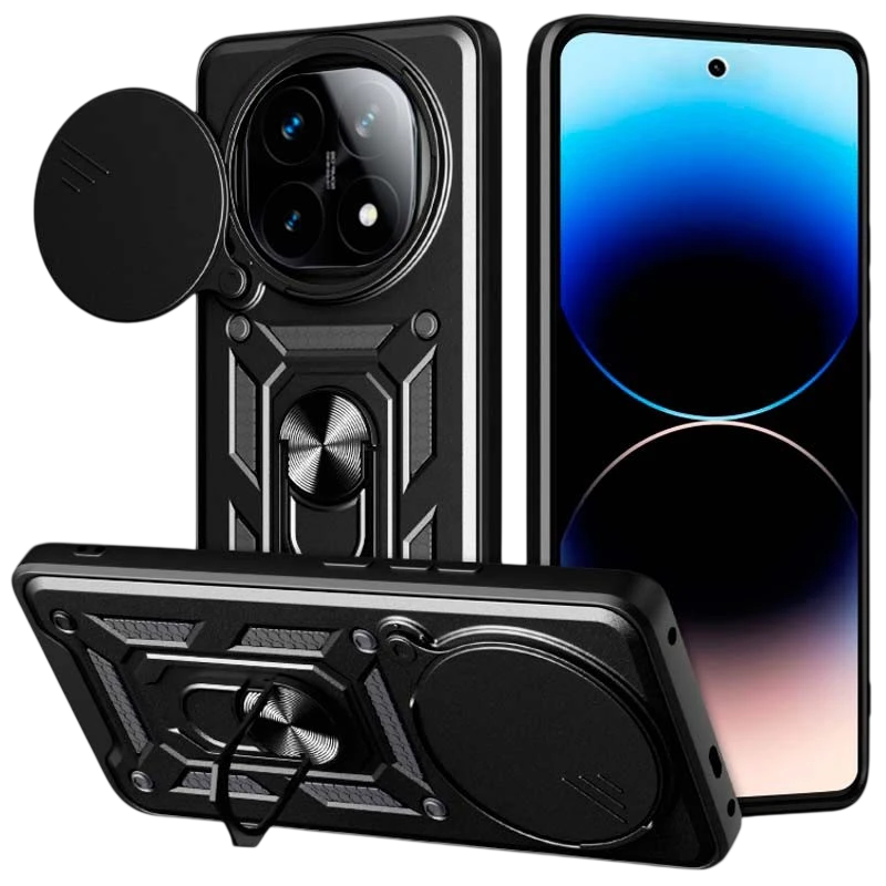 Funda Armadura Militar para Xiaomi Redmi Note 14 Pro Plus 5G con Protección de Cámara, Soporte Metálico y Anillo Negro