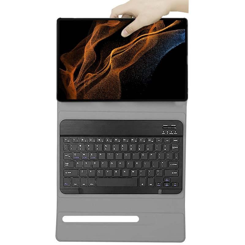 Capa com teclado destacável para Samsung Galaxy Tab S8 X700 X706, acabamento em couro sintético cinza, teclado preto com touchpad e suporte para caneta