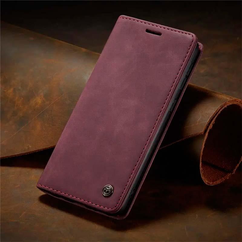 Photographie réelle de l'étui bordeaux Magnetic Wallet type livre pour Xiaomi Redmi Note 13 Pro+ 5G