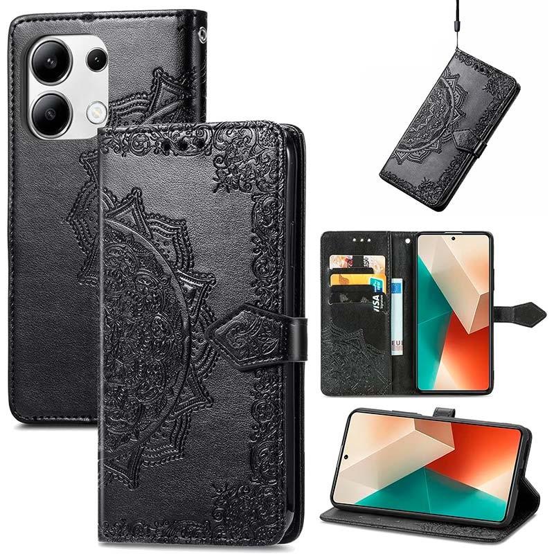 Vista detalhada da Capa preta Mandala tipo livro para Xiaomi Redmi Note 13 4G