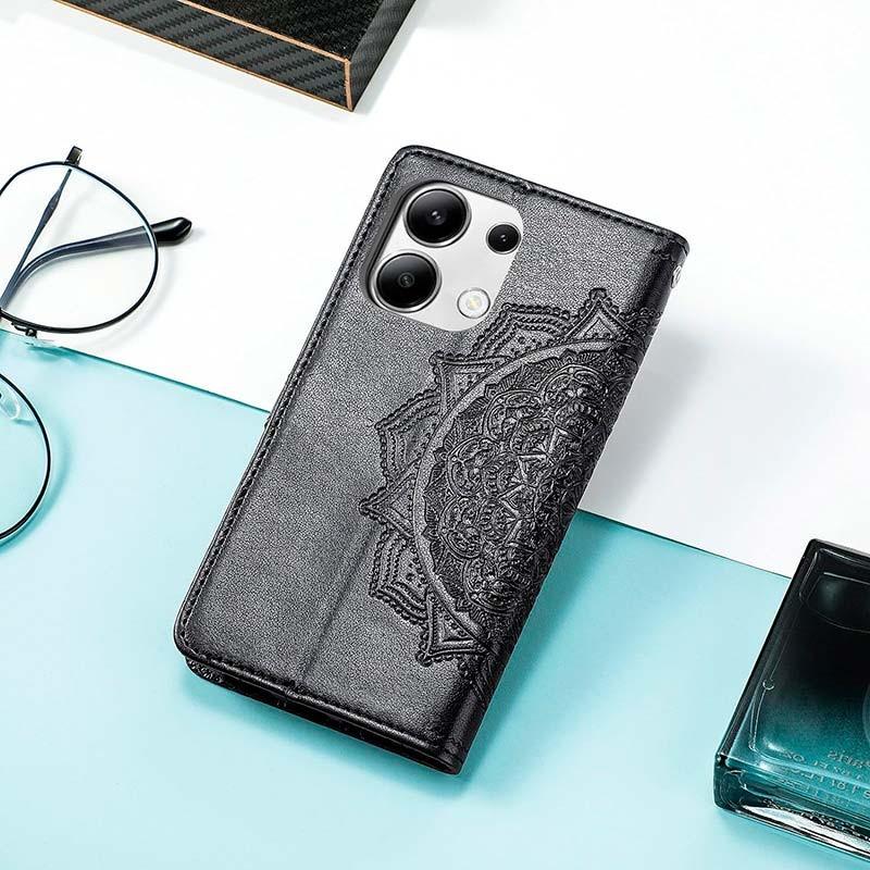 Fotografia real da Capa preta Mandala tipo livro para Xiaomi Redmi Note 13 4G