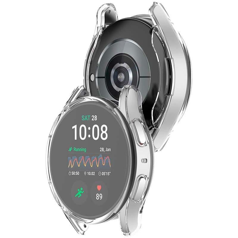 vista frontal y trasera de la Funda PC transparente + Cristal Templado Samsung Galaxy Watch7 44mm