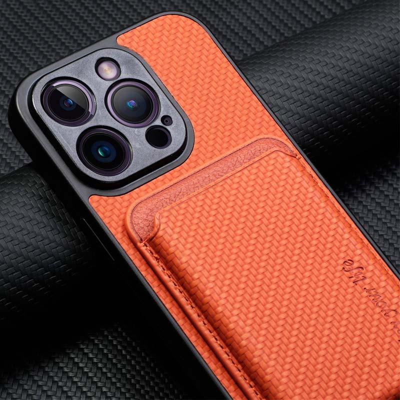 protección de cámara de la Funda Wallet naranja con MagSafe y cartera para iPhone 15 Pro Max