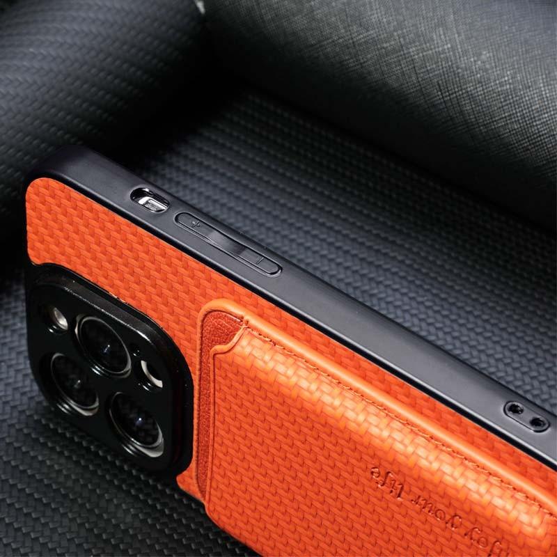 protección de botones de la Funda Wallet naranja con MagSafe y cartera para iPhone 15 Pro Max