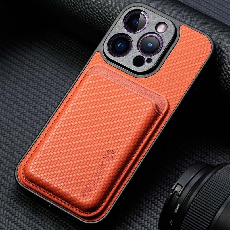 vista trasera de la Funda Wallet naranja con MagSafe y cartera para iPhone 15 Pro Max