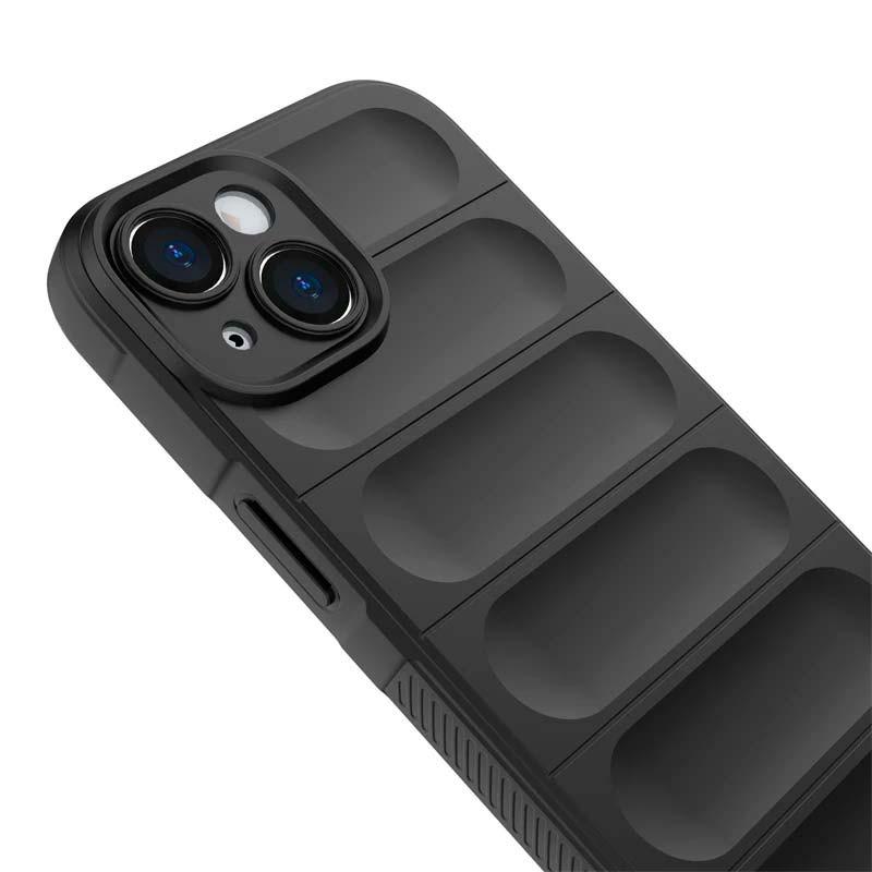 vista lateral de la Funda de silicona negra Wave para iPhone 15 Plus