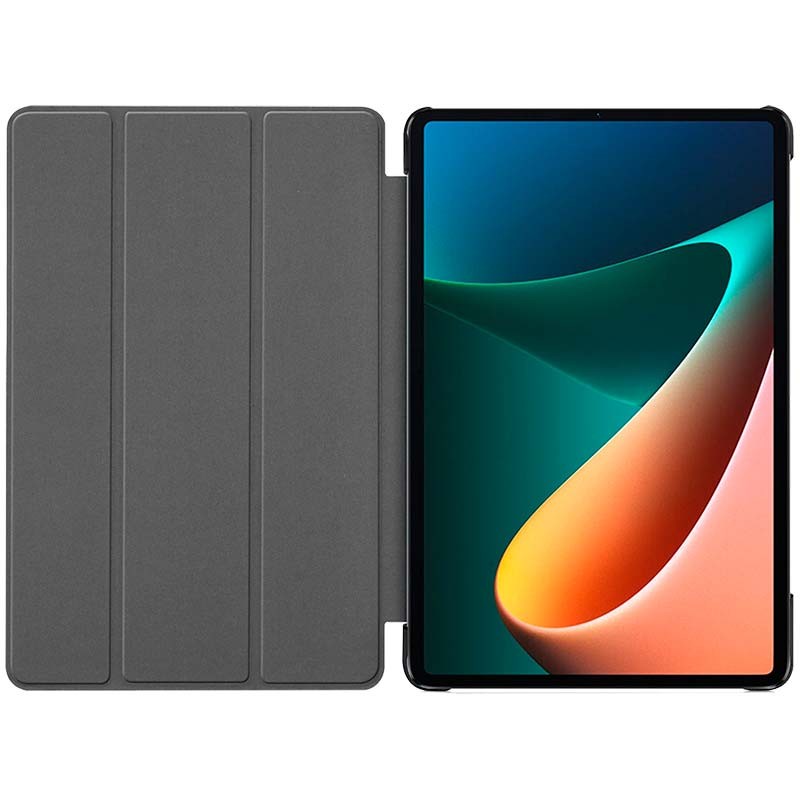 Coque Xiaomi Pad 8 et 8 Pro noire avec rabat tri-fold, intérieur doux gris, découpe précise pour caméra, protection fine et support pliable multi-angles