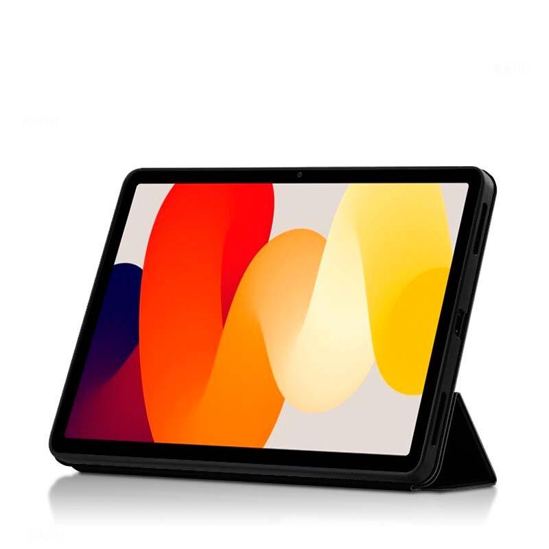 Coque Ultra Slim Xiaomi Redmi Pad SE Compatible Noir avec rabat pliable en support, finition noire mate, découpes précises pour boutons et ports