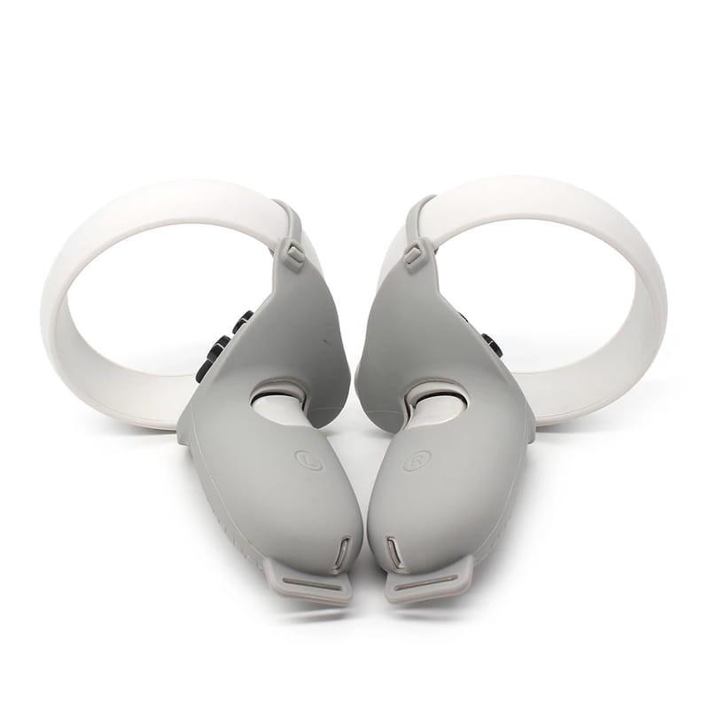 Fundas silicona Oculus Quest 2 para mandos VR, color gris, diseño ergonómico con recortes para botones y gatillo, protección antideslizante y fácil