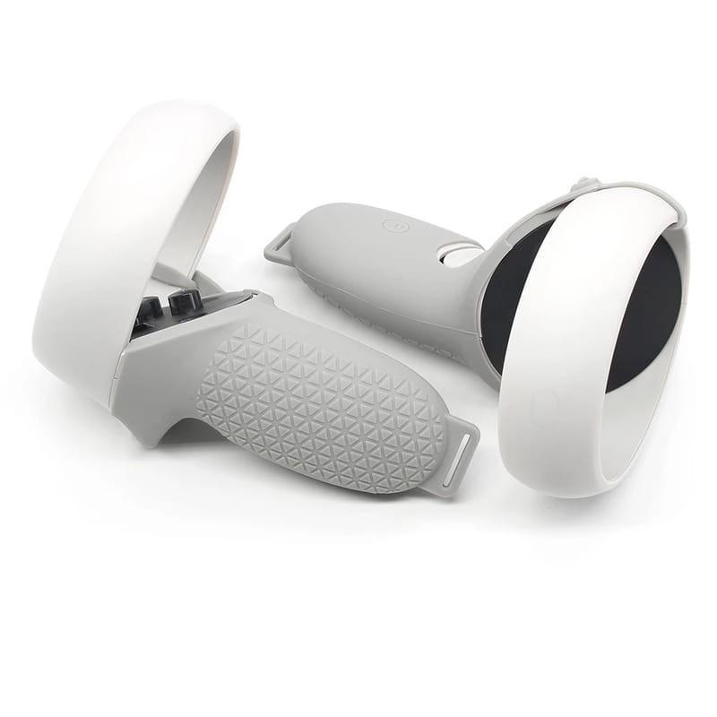Fundas silicona Oculus Quest 2 para mandos, color gris, textura antideslizante con patrón geométrico, cubre empuñadura y aro protector, ajuste preciso