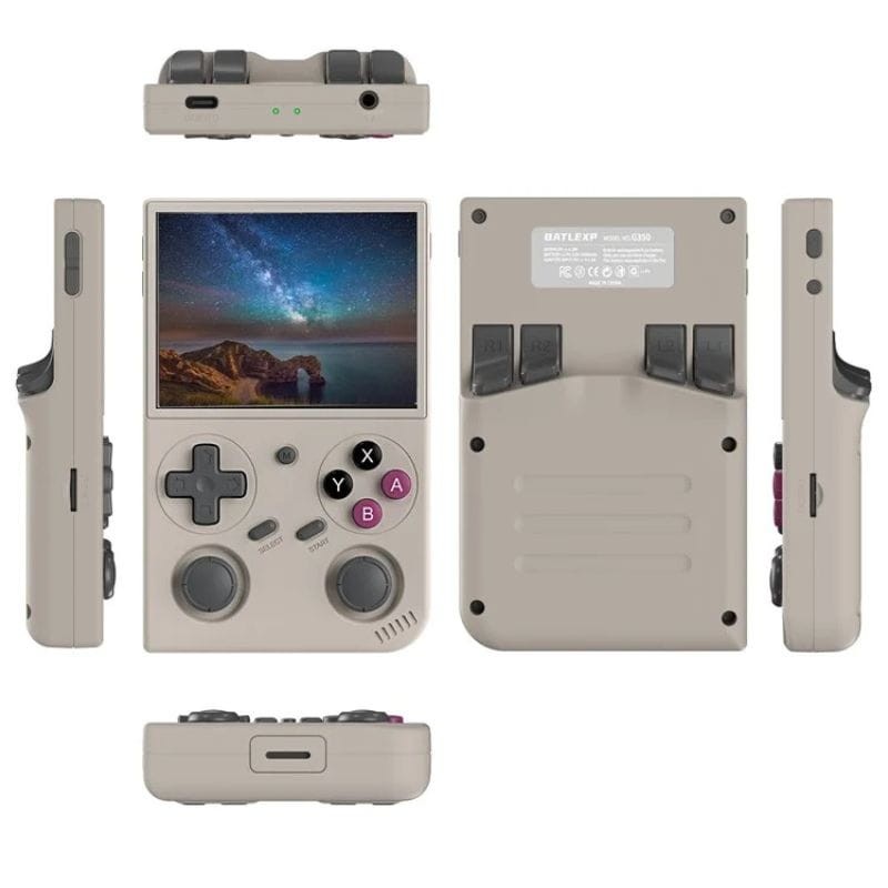 Anbernic G350 1 Go/64 Go Gris image avant, arrière et latérale