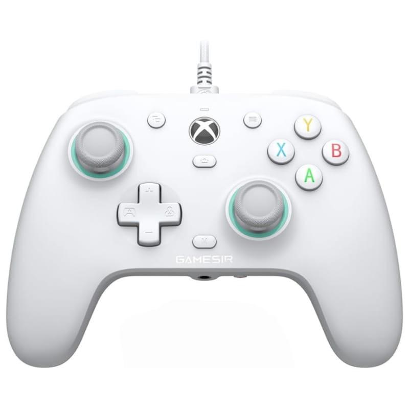 Controle branco Gamepad GameSir G7 SE com botões ABXY coloridos, pad direcional, analógicos com aro verde e cabo trançado de 3 m compatível com Xbox