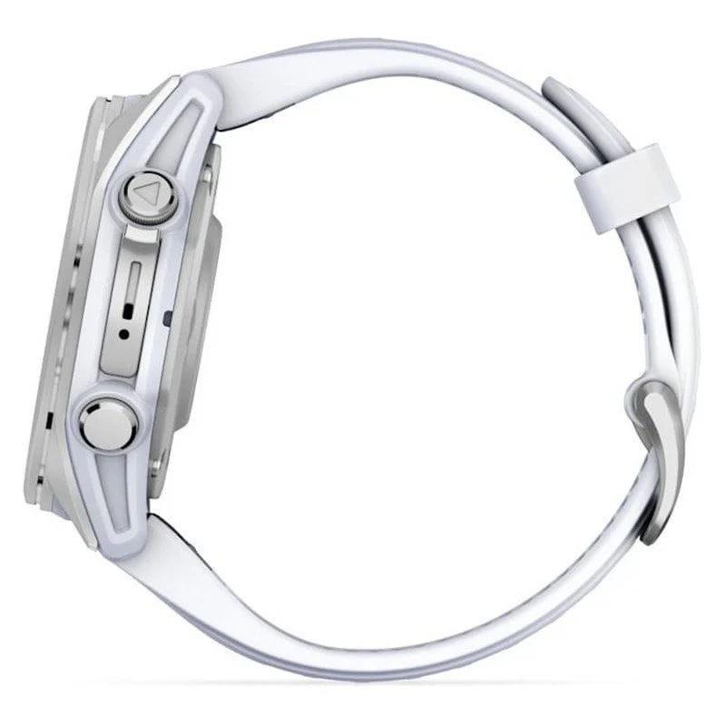 Lateral izquierdo de Garmin Fenix 8 AMOLED 43mm Acero Blanco - Reloj Inteligente