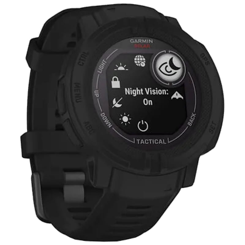 vista frontal y lateral izquierdo del Reloj inteligente Garmin Instinct 2 45mm Solar Tactical Edition Negro