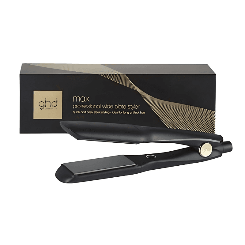 Plancha de pelo GHD Max Professional Wide Plate junto a su caja