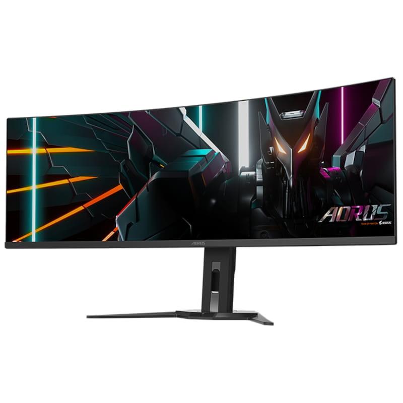 Gigabyte AORUS CO49DQ 49 WDQHD OLED UltraWide Curvo 144 Hz FreeSync Premium Pro Preto - Monitor de jogos Vista frontal lado esquerdo