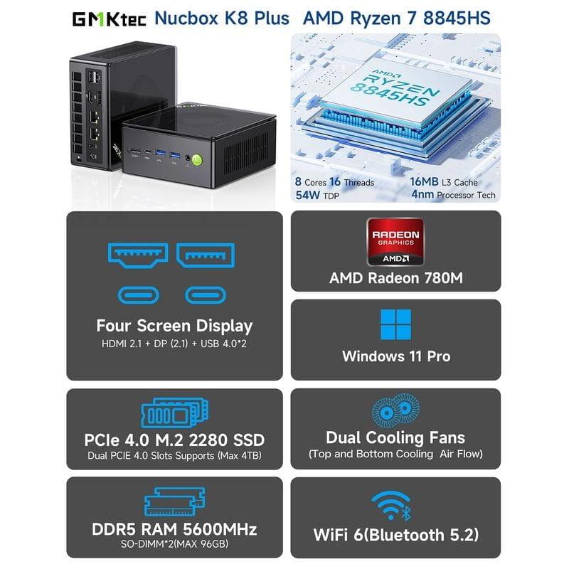 Características de GMKtec NucBox K8 Plus Ryzen 7 8845HS/32GB/1TB/W11 Negro - Mini PC