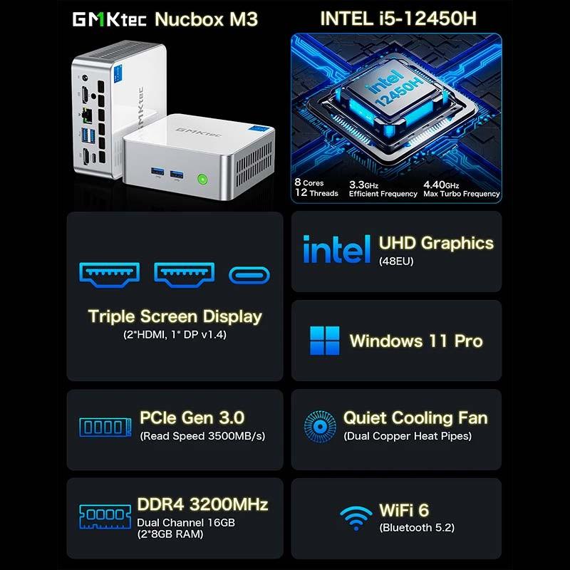 GMKtec NucBox M3 Intel i5-12450H/16 Go/1 To SSD/Windows 11 Pro Argent - caractéristiques principales