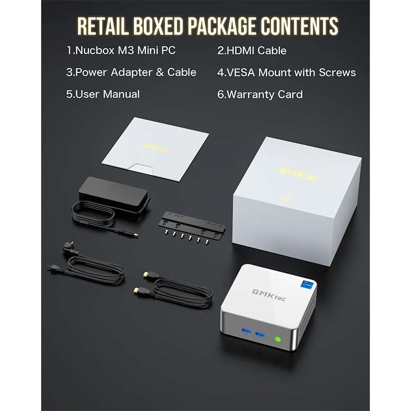 GMKtec NucBox M3 Intel i5-12450H/16 Go/1 To SSD/Windows 11 Pro Argent - contenu de l’emballage