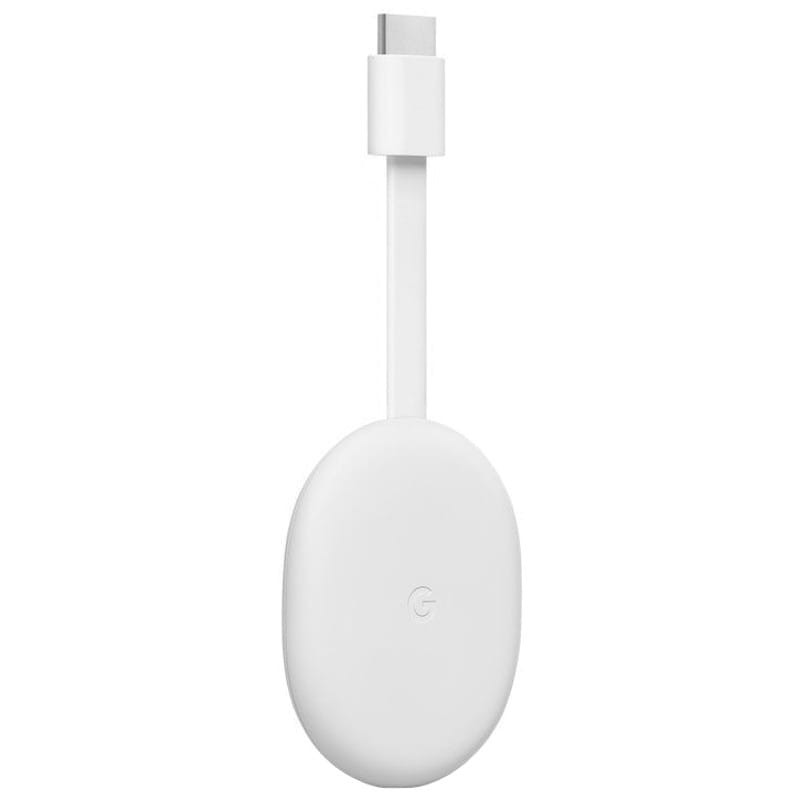 vista frontal y lateral izquierdo del Google Chromecast con Google TV Full HD Blanco
