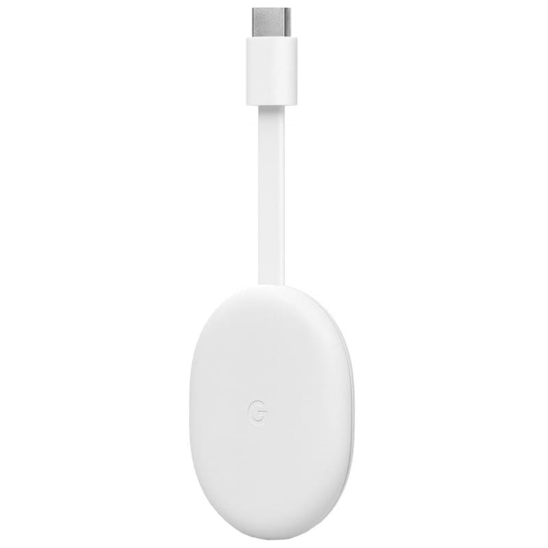 vista frontal y lateral derecho del Google Chromecast con Google TV Full HD Blanco
