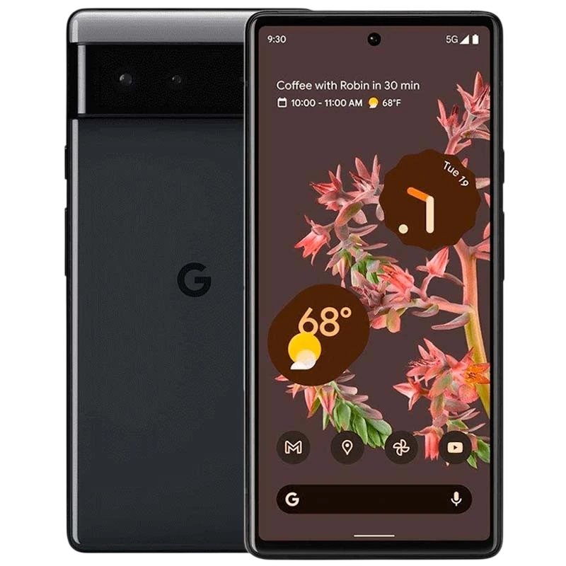 Google Pixel 6 5G 128GB Negro Clase B Reacondicionado con pantalla OLED sin marcos, cámara dual trasera con barra horizontal y diseño minimalista en negro