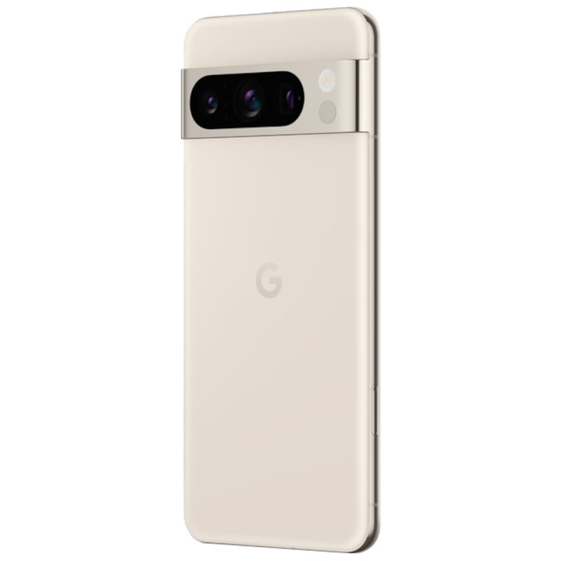 Google Pixel 8 Pro 5G branco renovado em condição excelente, traseira em tom pérola com barra de câmeras tripla horizontal e logotipo G central