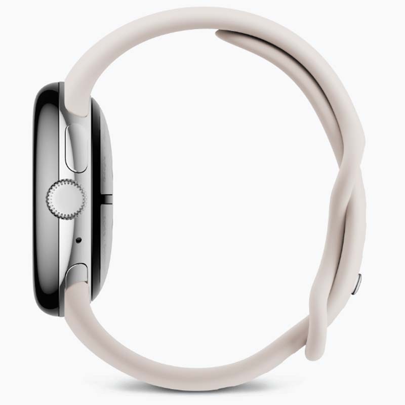 vista lateral do Google Pixel Watch 3 41mm Wi-Fi Prata com Bracelete Porcelana
