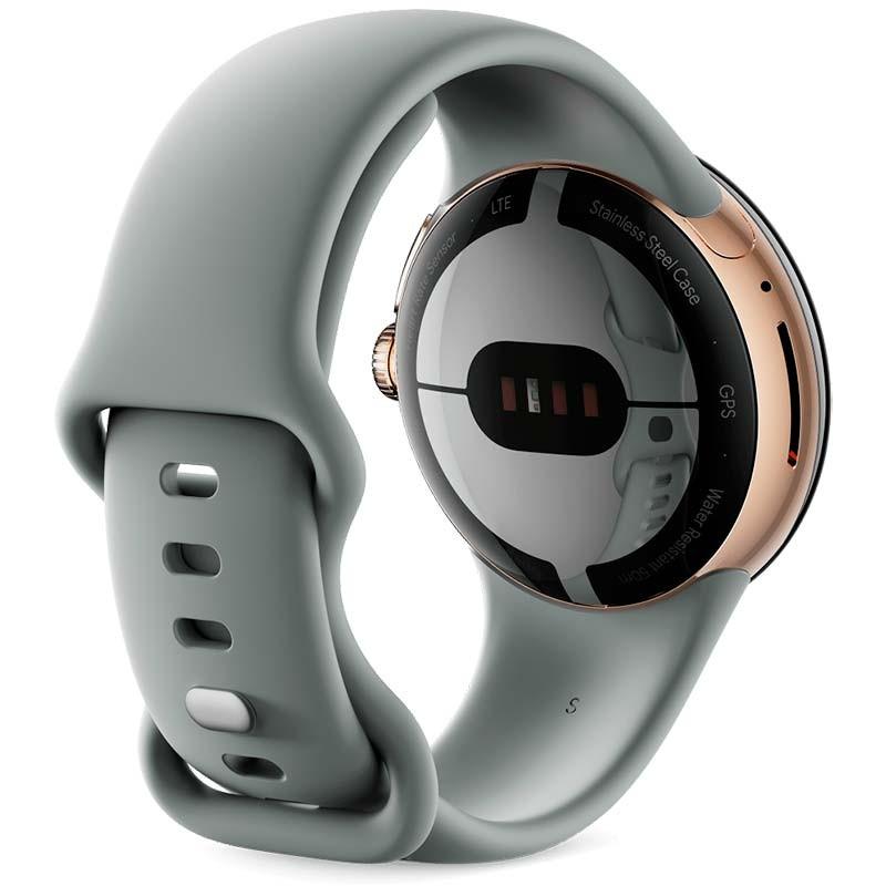 vista traseira do Google Pixel Watch 4G LTE Gold com pulseira de avelã
