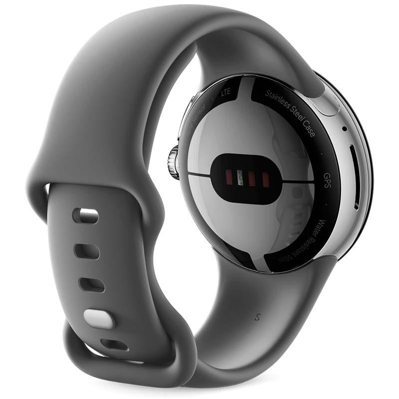 vista traseira do Google Pixel Watch Wi-Fi Silver com pulseira de carbono