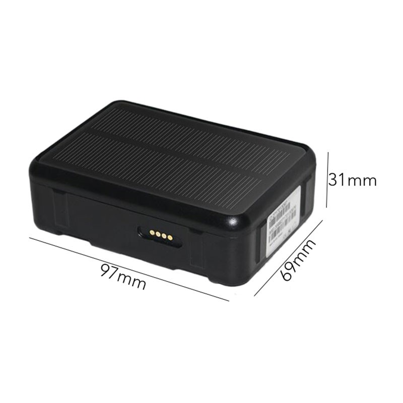 GPS pour animaux de compagnie V34 Charge Solaire, boîtier noir compact avec panneau solaire intégré, ports dorés latéraux, dimensions 97 x 69 x 31 mm