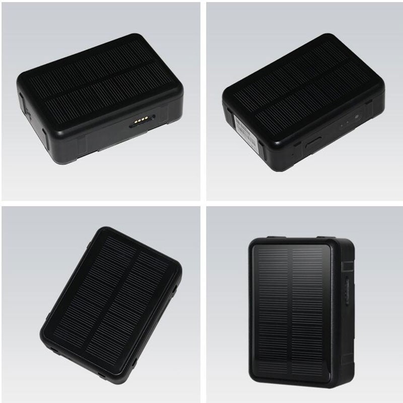 GPS pour animaux de compagnie V34 Charge Solaire boîtier noir compact avec panneau solaire double face, bords arrondis, ports latéraux discrets et