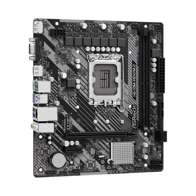 Asrock H610M-HDV/M.2 R2.0 Intel LGA 1700 64GB micro ATX Negro, Gris, Plata - Placa base imagen lateral con vista de las conexiones