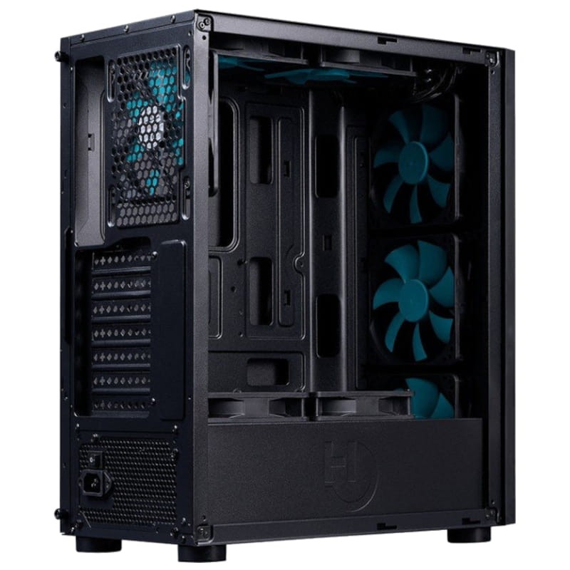 vista frontal y lateral de la Hiditec V20 PRO ARGB  Semitorre Cristal templado Negro - Caja Gaming
