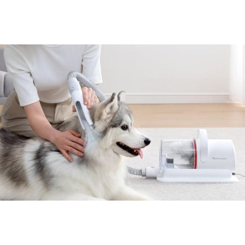 Vista general de la aspiración del pelo de un perro con el Kit de aseo para mascotas HomeRunPet HC15