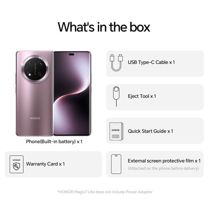 Honor Magic7 Lite 5G 8GB/512GB Roxo - Telemóvel Conteúdo da embalagem