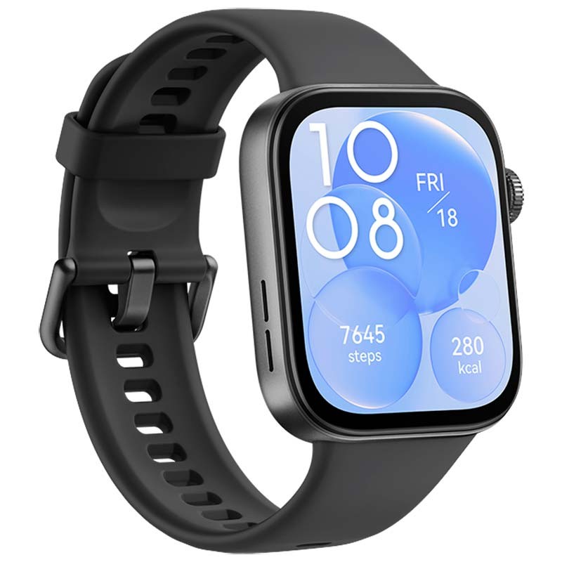 Vue avant et latérale de la montre intelligente Huawei Watch Fit 3 Noir