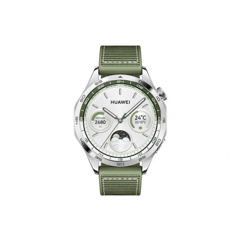 Vista frontal del reloj inteligente Huawei Watch GT 4 de 46mm en color Verde